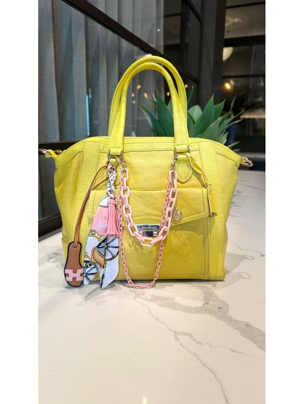 Cole Haan Zoe Yellow Pebbled Leather Satchel  Bag